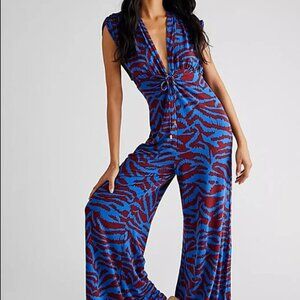 Free People Next Summer Blue and Red Patterned Jumpsuit Sz M